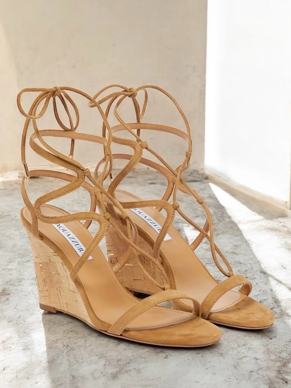 Aquazzura Tan Suede Lace-Up Cork Wedge Sandals